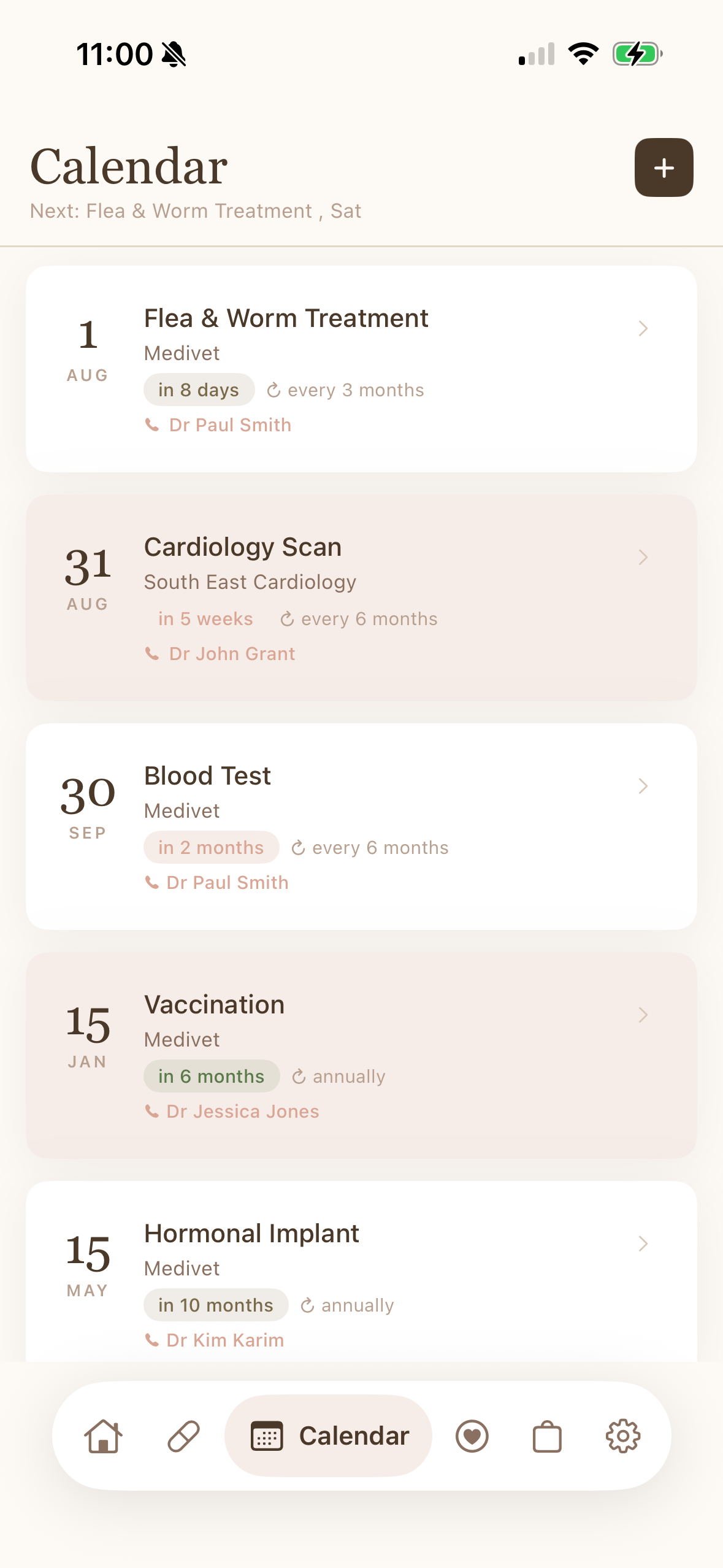 Halo calendar screen showing Angel's upcoming vet appointments and vaccinations