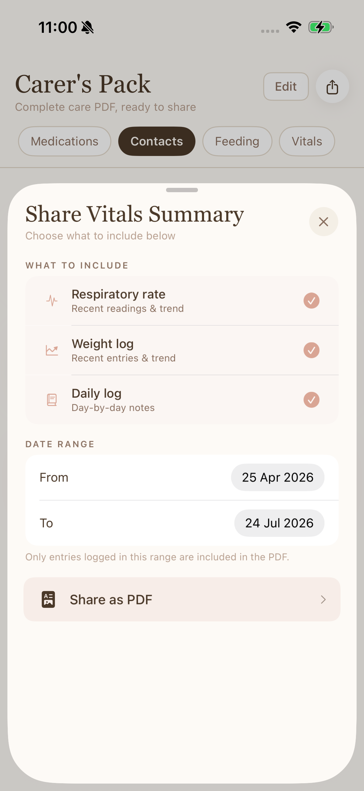 Halo Carer's Pack screen, sharing a vitals summary with a vet