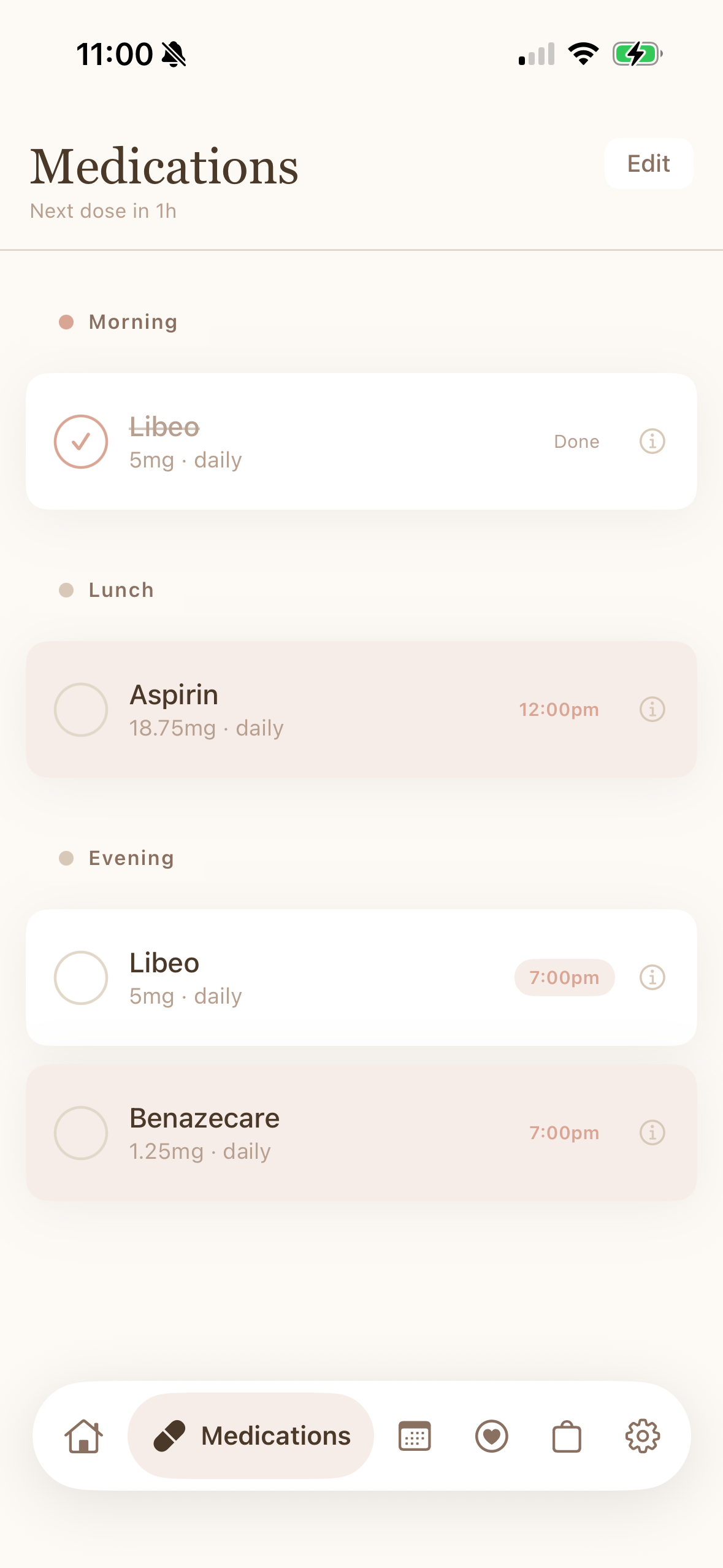 Halo medications screen showing Angel's morning, lunch and evening doses