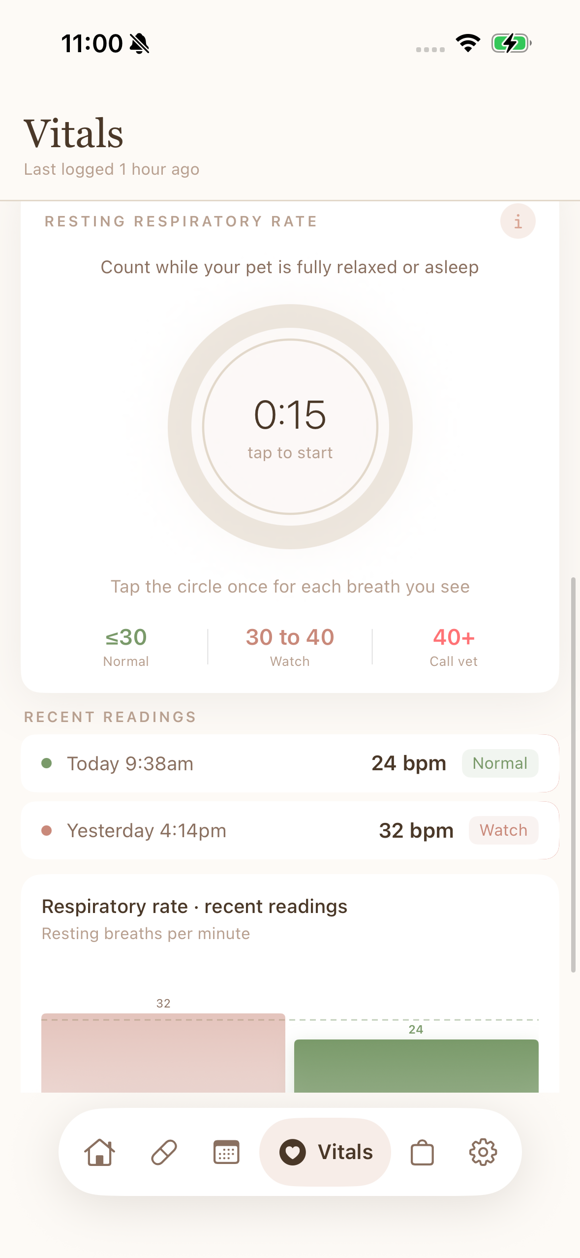 Halo vitals screen with the resting respiratory rate counter and recent readings
